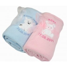 Personalised Embroidered Baby Blanket With Cute Bunny or Bear Design Christening / New Baby Gift